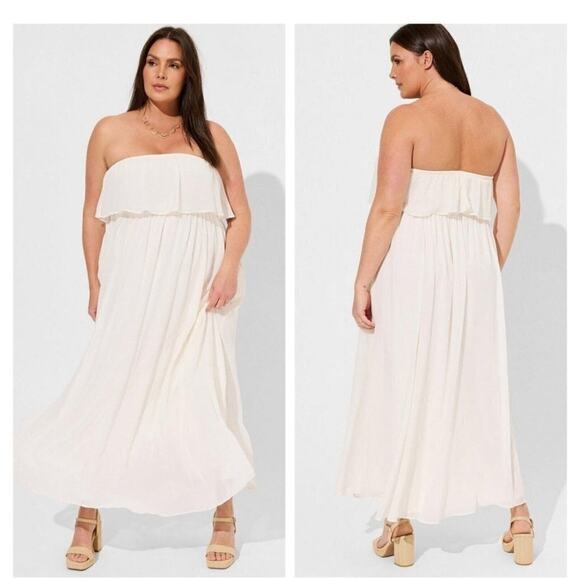 Torrid Maxi Dress Plus Size 2X Ivory Chiffon Special Occasion Strapless Ruffle - Picture 1 of 7